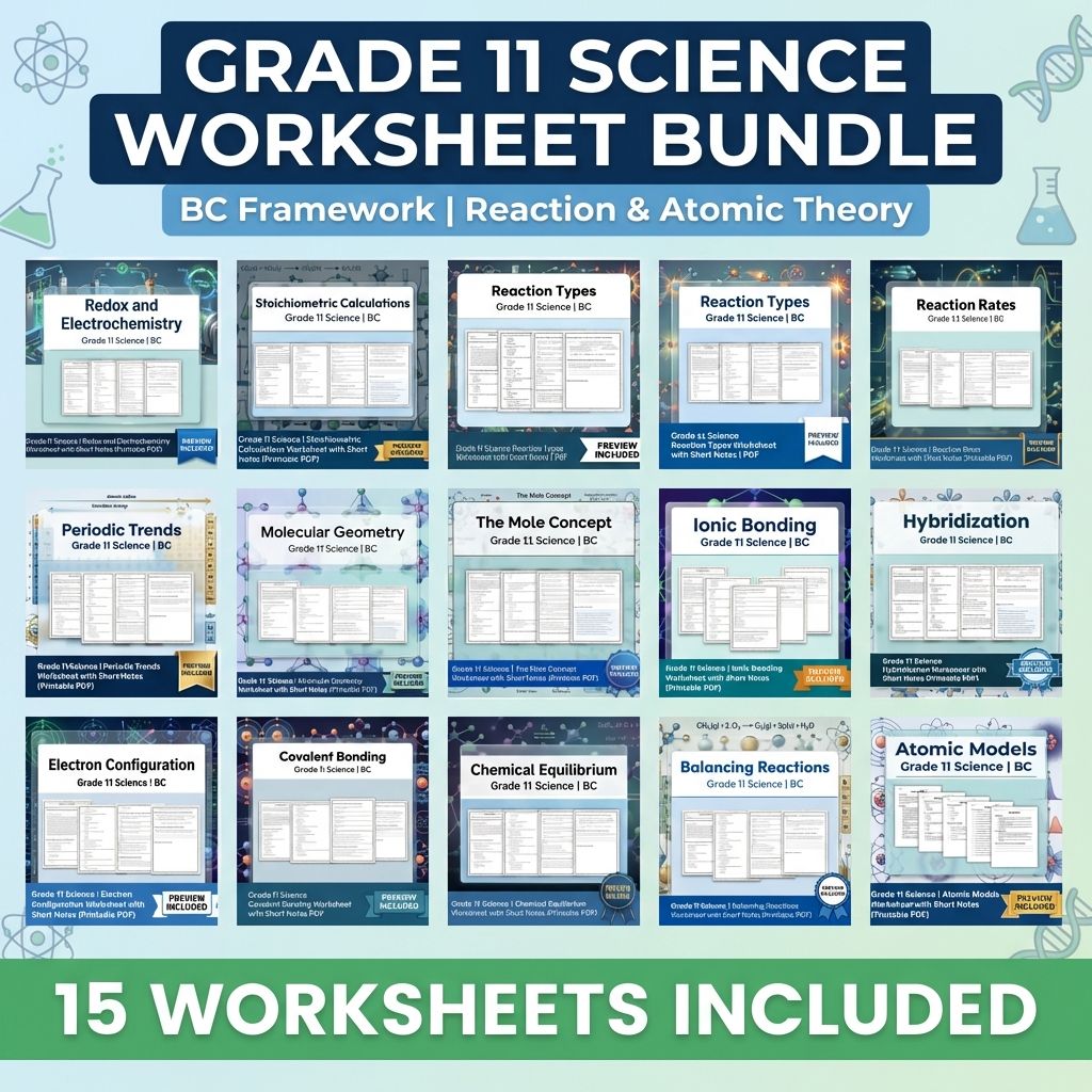 Grade 11 Science Worksheet Bundle | BC Framework | Reaction & Atomic Theory — bundle cover
