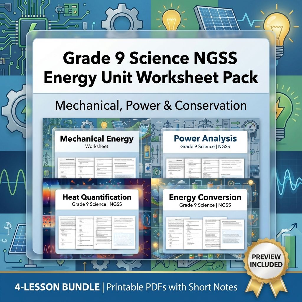 Grade 9 Science NGSS Energy UNIT Bundle – Power, Heat, & Conversion Worksheets — bundle cover