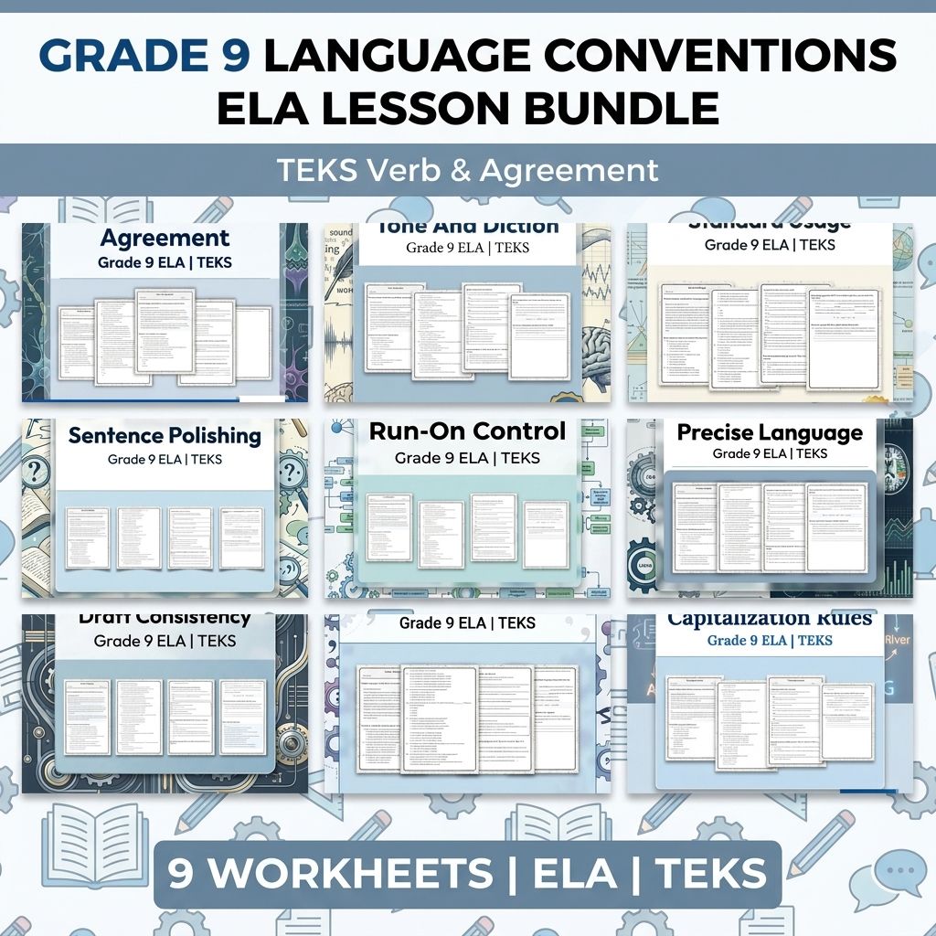 Grade 9 Language Conventions ELA Lesson Bundle | TEKS Verb & Agreement — bundle cover