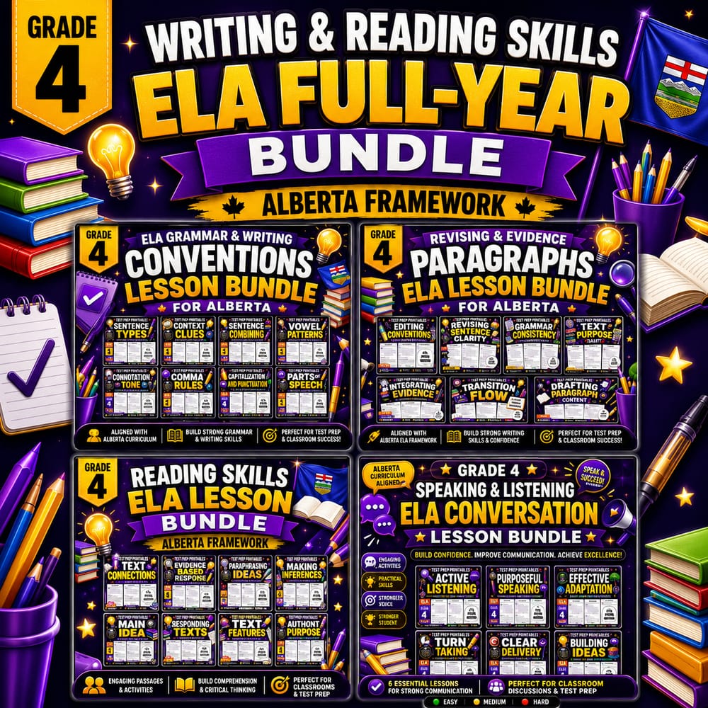 Grade 4 Writing and Reading Skills ELA Full-Year Bundle Alberta Framework — bundle cover