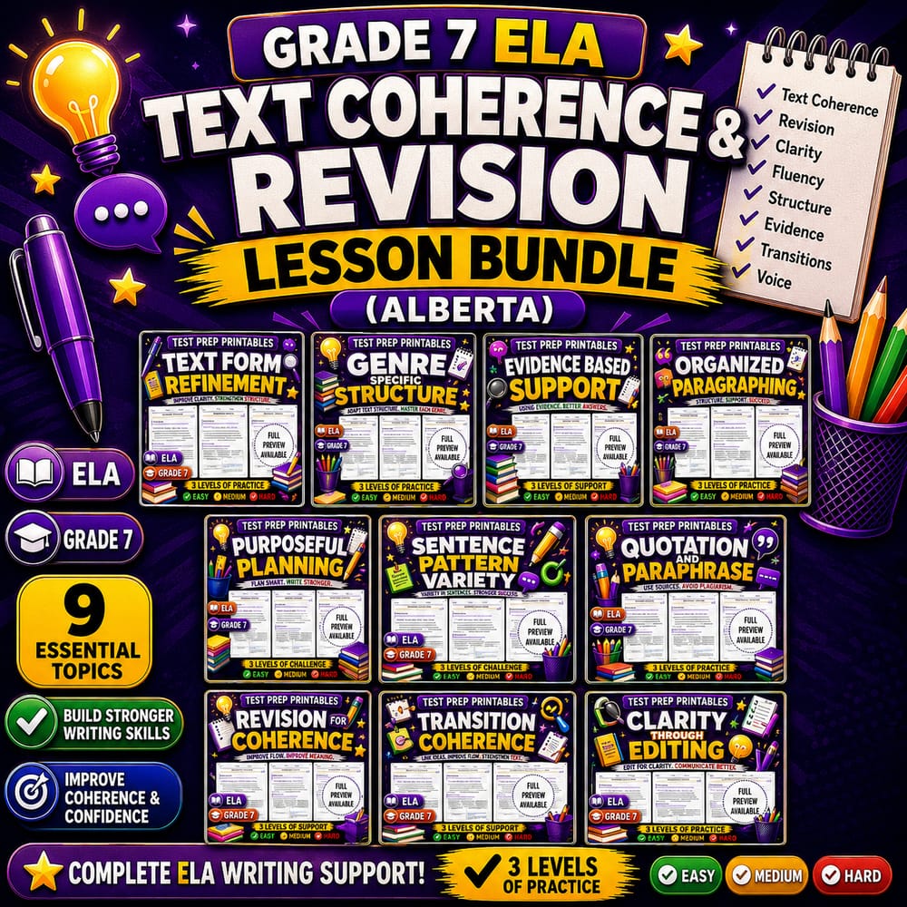 Grade 7 Text Coherence & Revision ELA Lesson Bundle (Alberta) — bundle cover