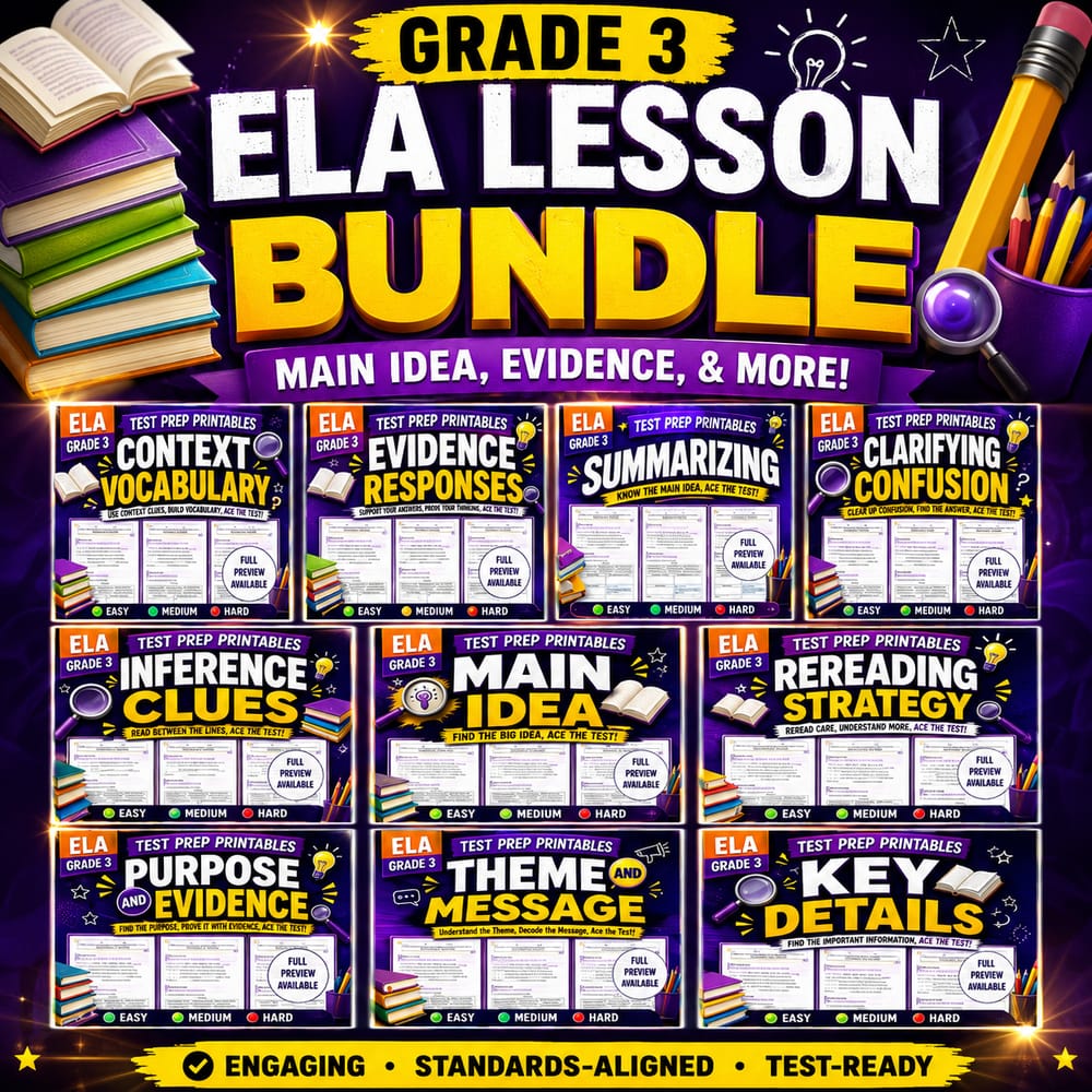 Grade 3 Theme, Main Idea, and Evidence ELA Lesson Bundle - Alberta — bundle cover