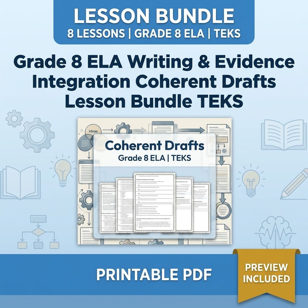 Grade 8 ELA Writing & Evidence Integration Coherent Drafts Lesson Bundle TEKS — bundle cover