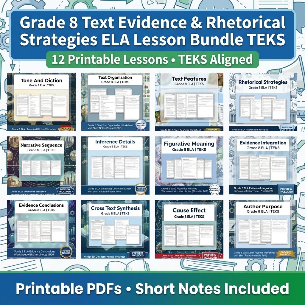 Grade 8 Text Evidence & Rhetorical Strategies ELA Lesson Bundle TEKS — bundle cover
