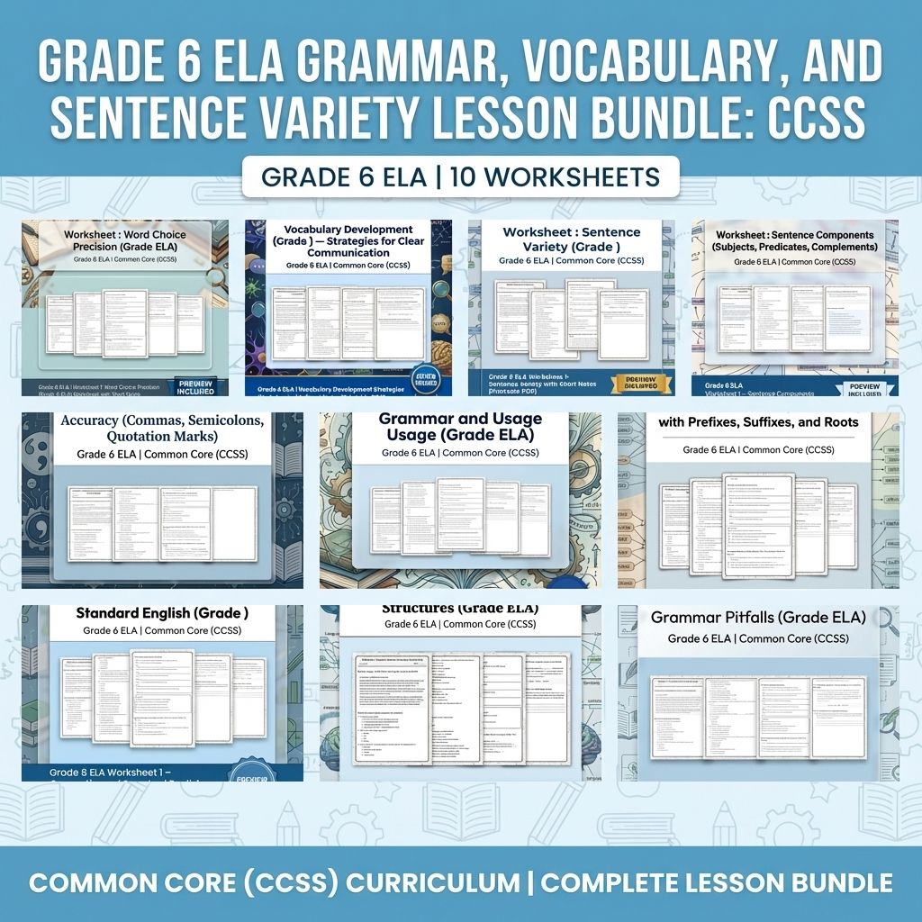 Grade 6 ELA Grammar, Vocabulary, and Sentence Variety Lesson Bundle: CCSS — bundle cover