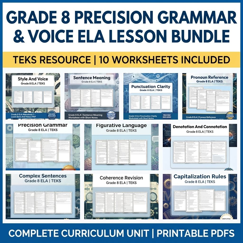 Grade 8 Precision Grammar & Voice ELA Lesson Bundle TEKS Resource — bundle cover