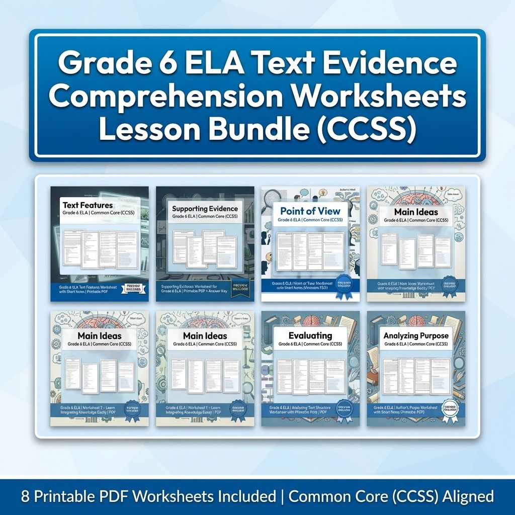 Grade 6 ELA Text Evidence Comprehension Worksheets Lesson Bundle (CCSS) — bundle cover
