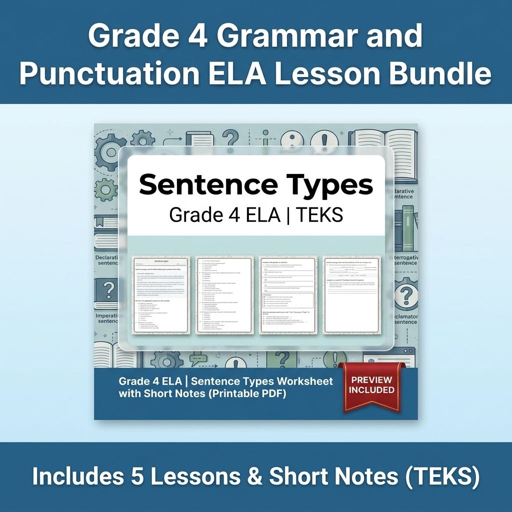 Grade 4 Grammar and Punctuation ELA Lesson Bundle with Short Notes (TEKS) — bundle cover