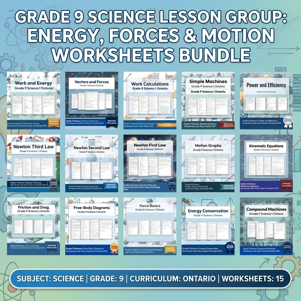 Grade 9 Science Lesson Group: Energy, Forces & Motion Worksheets Bundle — bundle cover