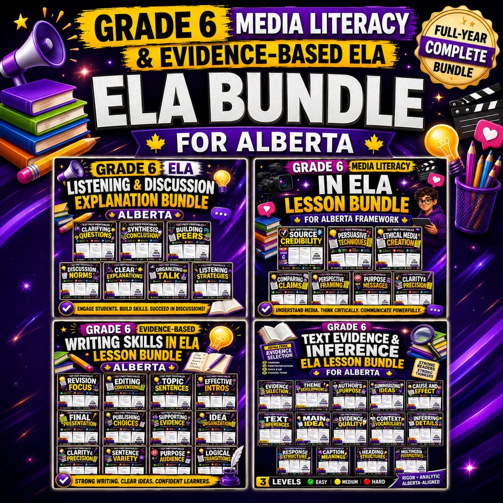 Grade 6 Media Literacy and Evidence-Based ELA full-year bundle for Alberta — bundle cover