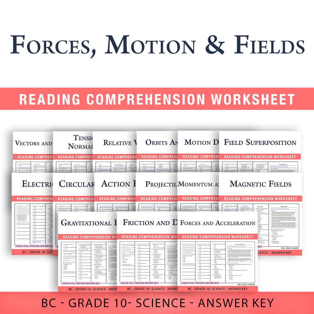Grade 10 Science BC | Forces, Motion & Fields Worksheets (PDF + Answer Key) — bundle cover
