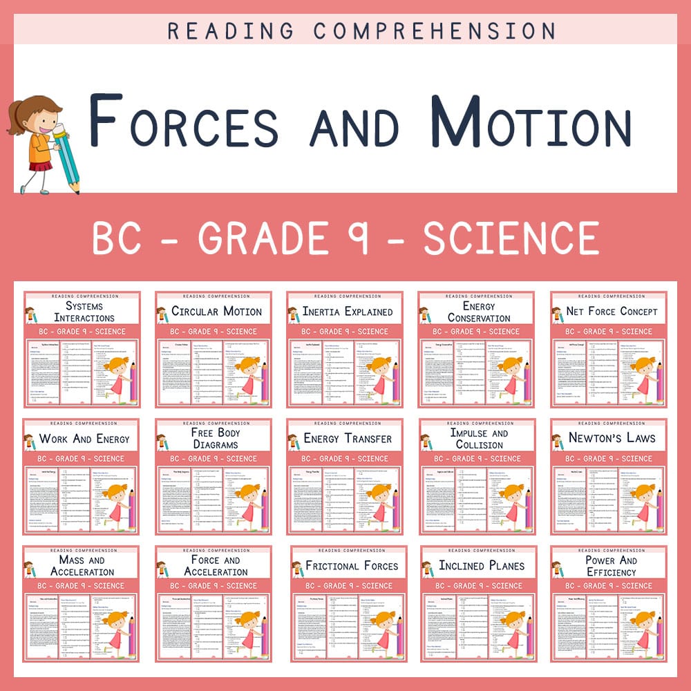 Grade 9 Science | Forces, Energy & Motion Worksheet Bundle | (BC) Aligned — bundle cover