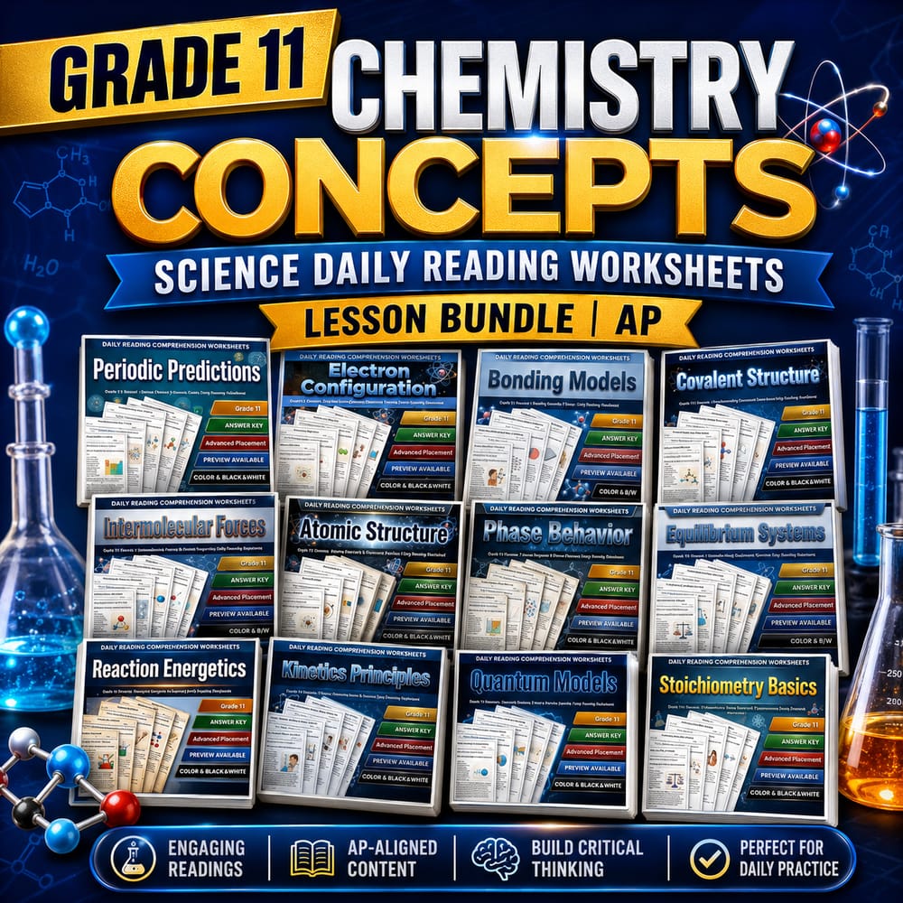 Grade 11 Chemistry Concepts Science Daily Reading Worksheets Lesson Bundle | AP — bundle cover