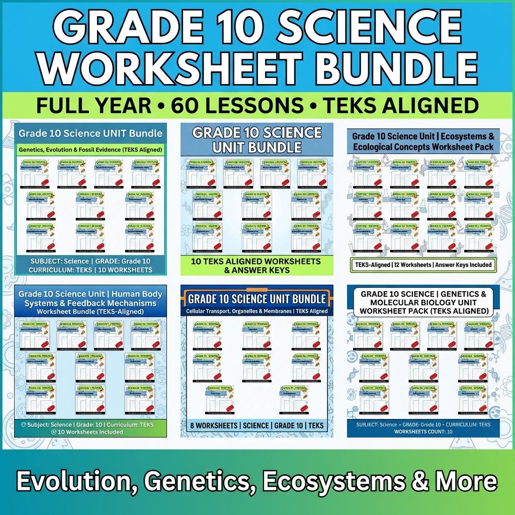 Grade 10 Science Worksheet Bundle | Genetics, Cells & Ecosystems TEKS Aligned — bundle cover