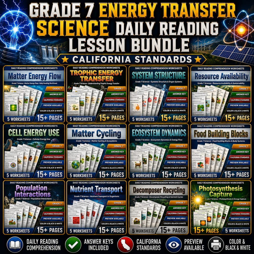 Grade 7 Energy Transfer Science Daily Reading: Lesson Bundle | California Std. — bundle cover