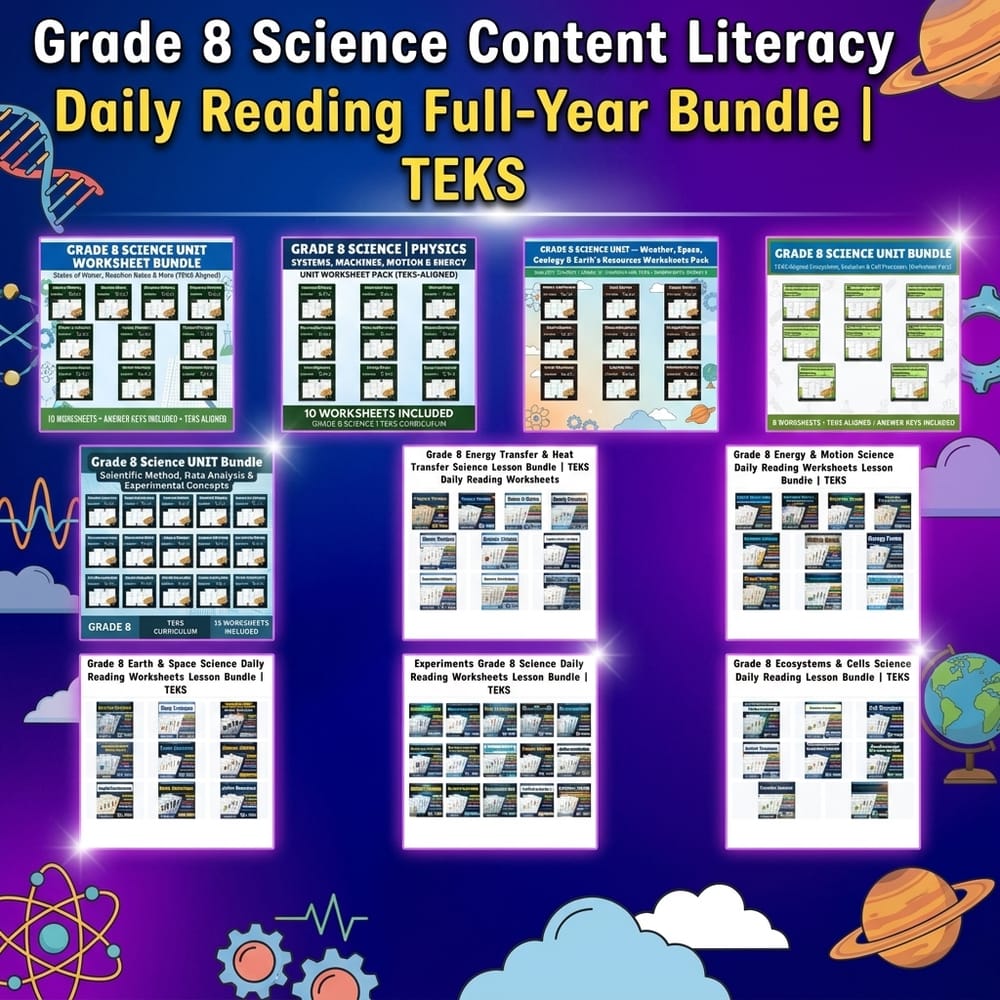 Grade 8 Content Literacy Science Daily Reading Full-Year Bundle | TEKS — bundle cover