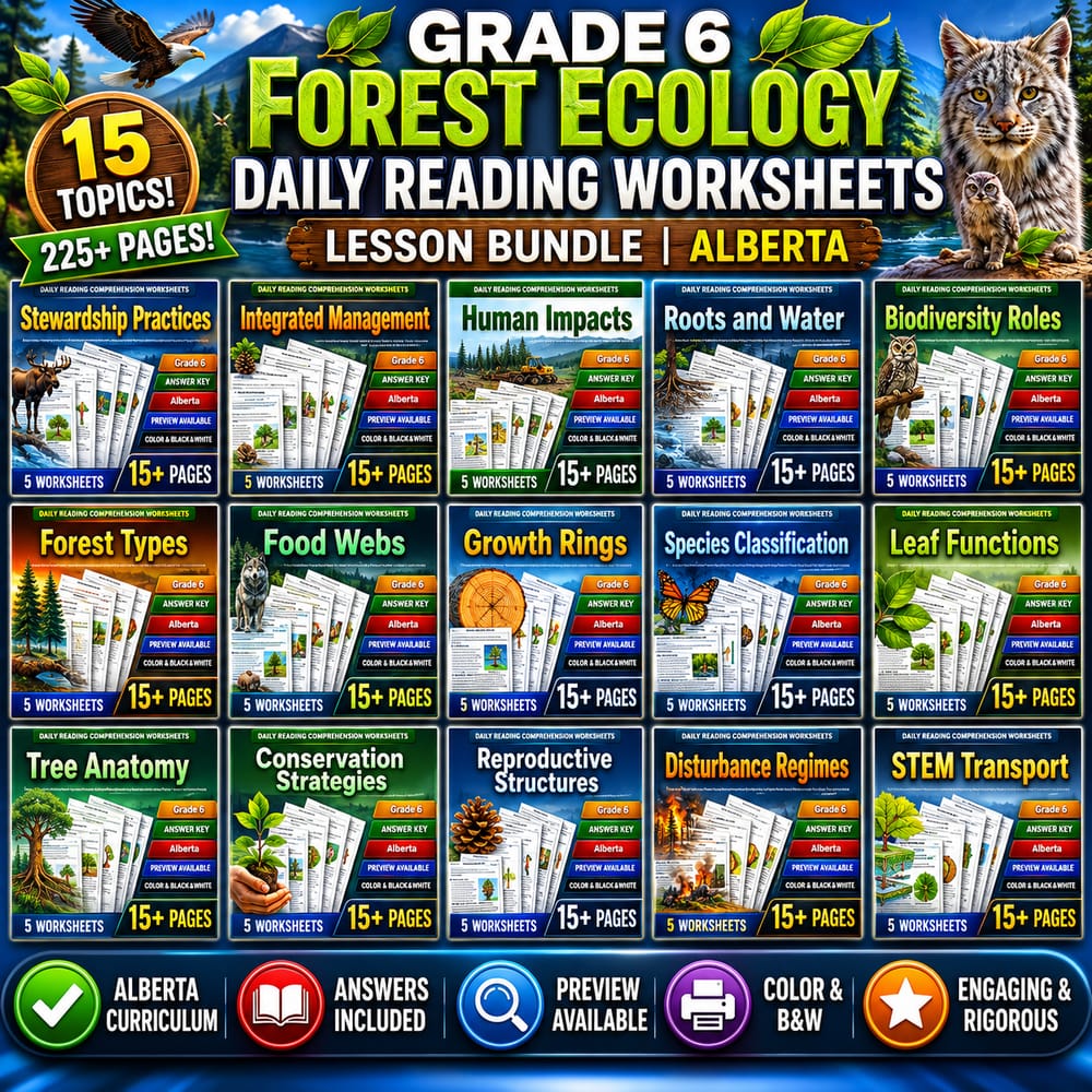 Grade 6 Forest Ecology Science Daily Reading Worksheets Lesson Bundle | Alberta — bundle cover