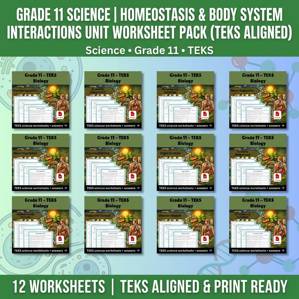 Grade 11 Science: Human Body & Homeostasis Unit Worksheet Bundle (TEKS Aligned) — bundle cover