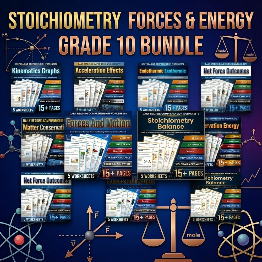Stoichiometry Forces and Energy Lesson Bundle Grade 10 Science | General — bundle cover