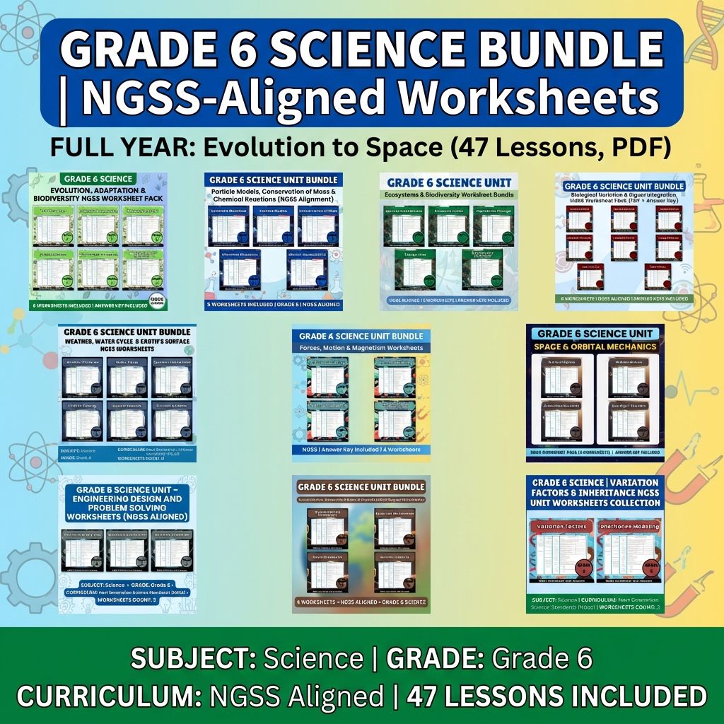 Grade 6 Science Bundle | NGSS-Aligned Worksheets Covering Evolution to Space (PDF) — bundle cover