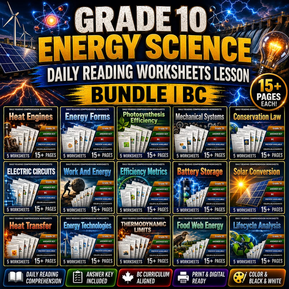 Grade 10 Energy Science Daily Reading Worksheets Lesson Bundle | BC — bundle cover