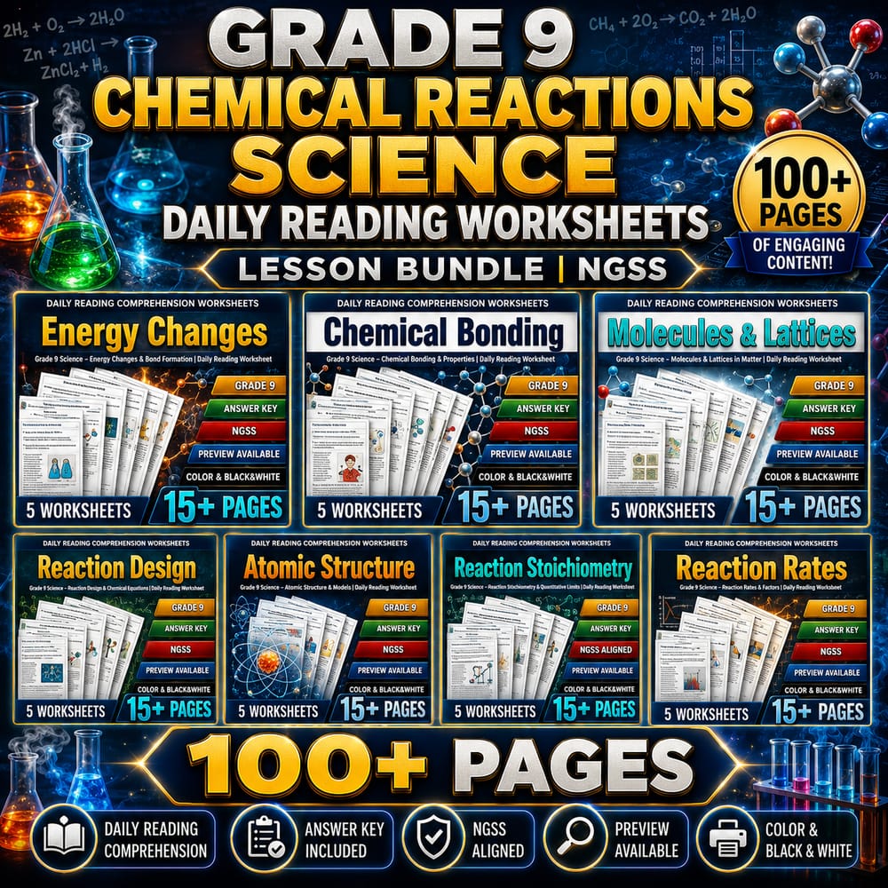 Grade 9 Chemical Reactions Science Daily Reading Worksheets Lesson Bundle | NGSS — bundle cover