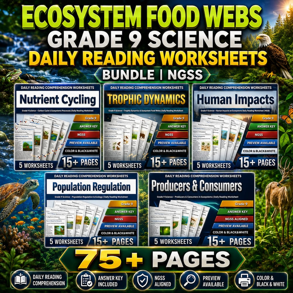 Ecosystem Food Webs Grade 9 Science Daily Reading Worksheets Bundle | NGSS — bundle cover