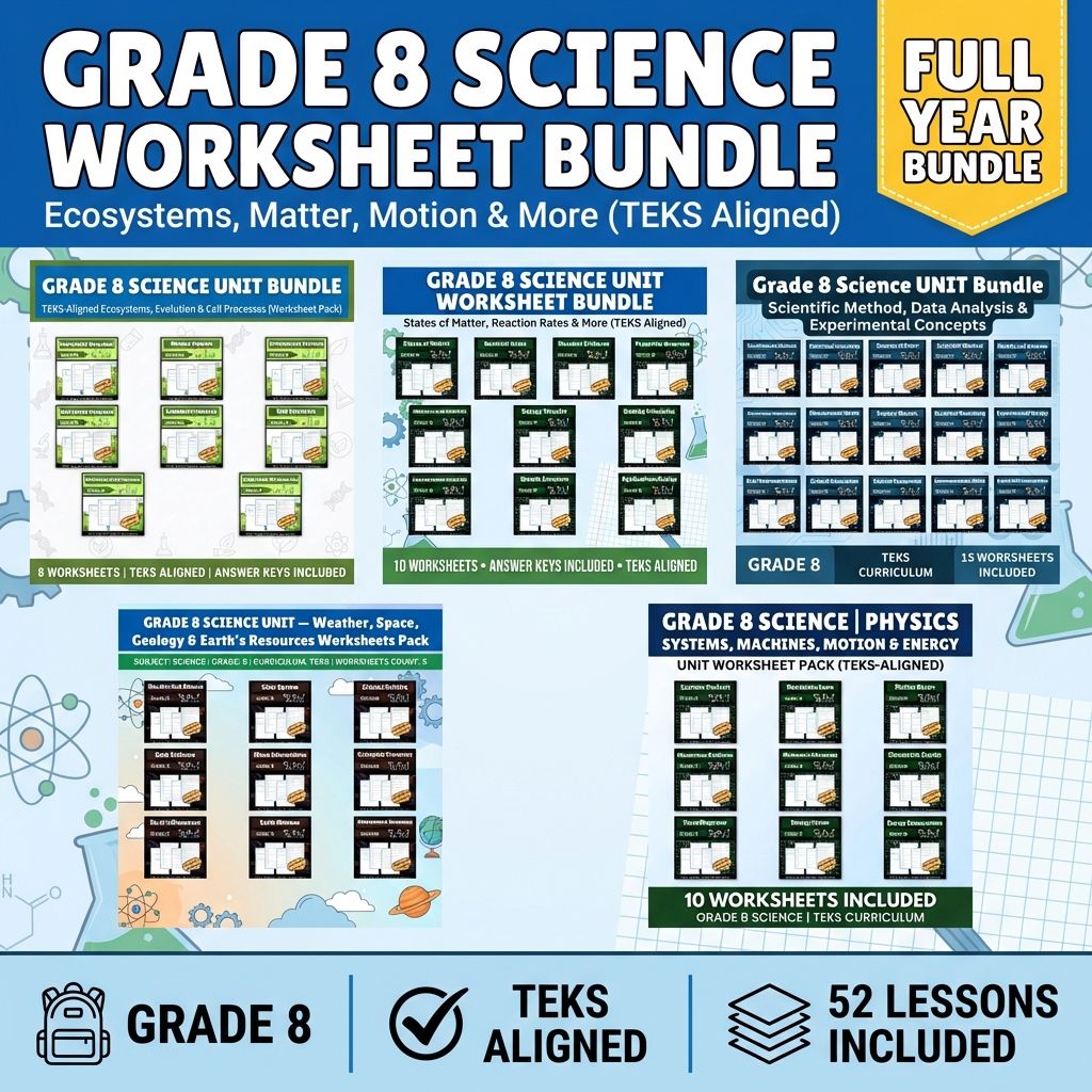 Grade 8 Science Worksheet Bundle | Ecosystems, Matter, Motion & More (TEKS Aligned) — bundle cover