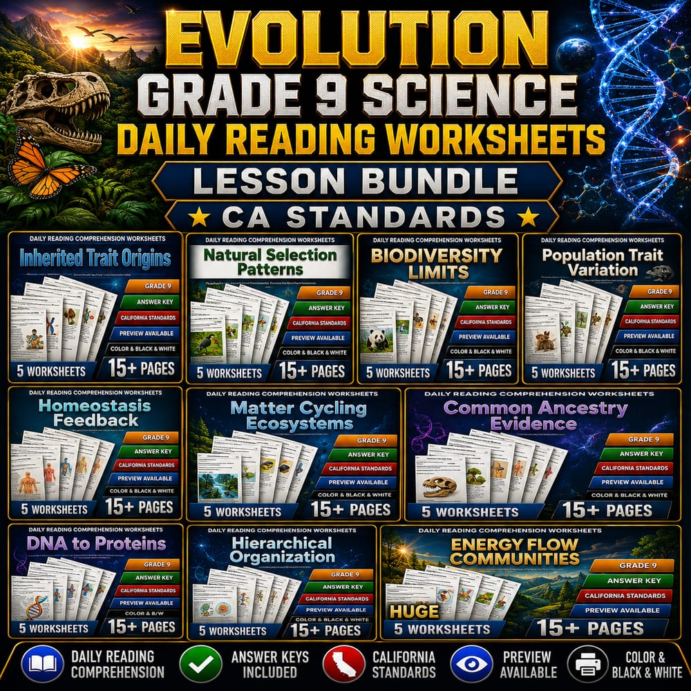 Evolution Grade 9 Science Daily Reading Worksheets Lesson Bundle | CA Standards — bundle cover
