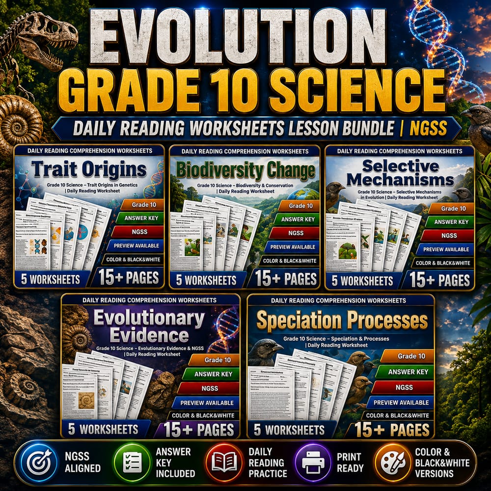 Evolution Grade 10 Science Daily Reading Worksheets Lesson Bundle | NGSS — bundle cover