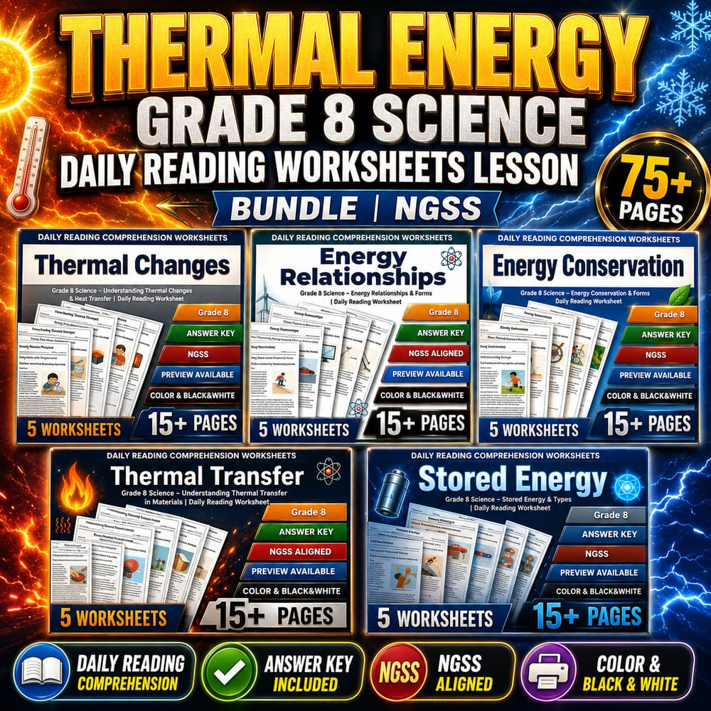 Thermal Energy Grade 8 Science Daily Reading Worksheets Lesson Bundle | NGSS — bundle cover