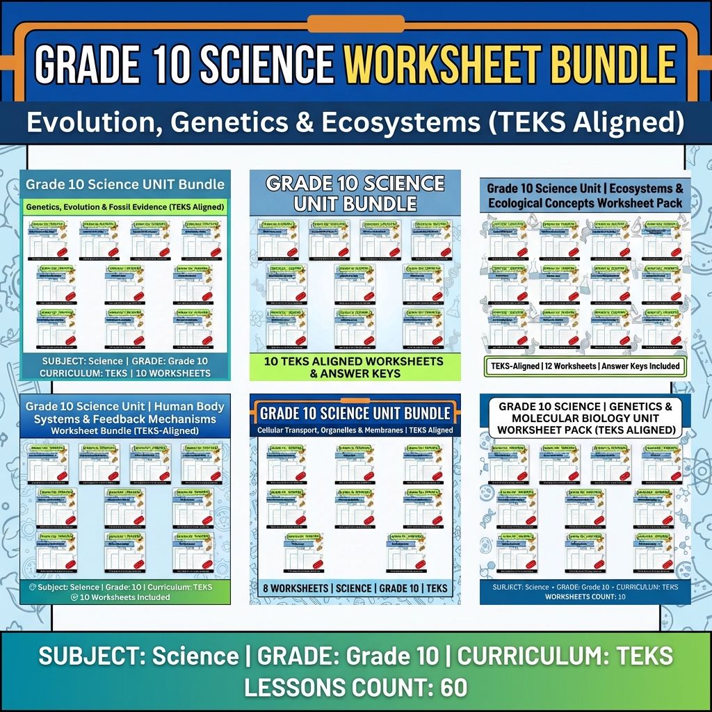 Grade 10 Science Worksheet Bundle | Genetics, Cell Biology & Ecosystems (TEKS Aligned) — bundle cover