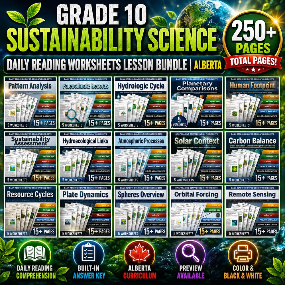 Grade 10 Sustainability Science Daily Reading Worksheets lesson bundle | Alberta — bundle cover