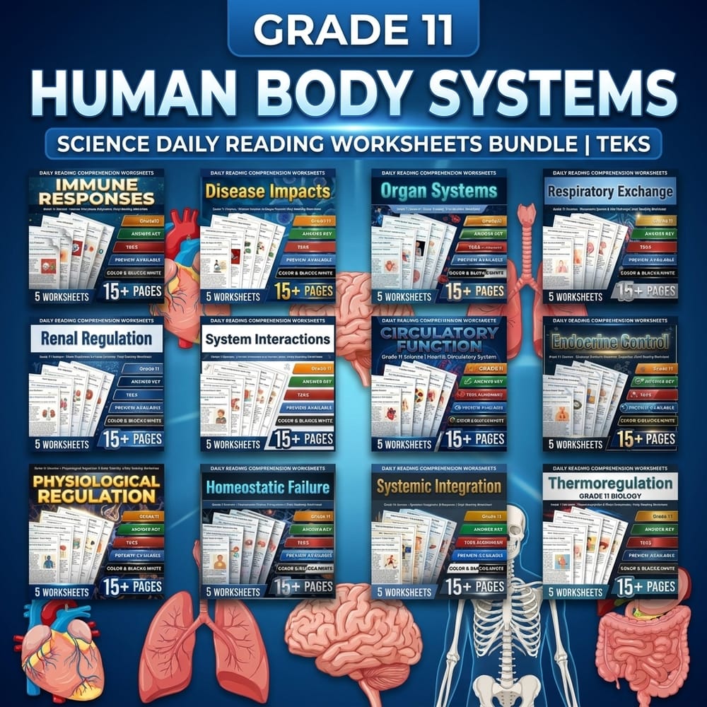 Grade 11 Human Body Systems Science Daily Reading Worksheets Bundle | TEKS — bundle cover