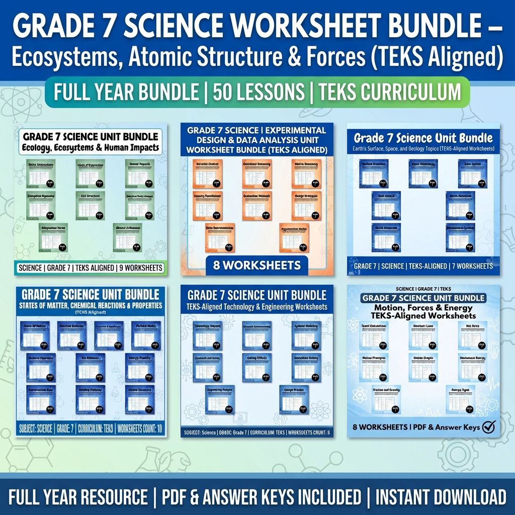 Grade 7 Science Worksheet Bundle – Ecosystems, Atomic Structure & Forces (TEKS Aligned) — bundle cover