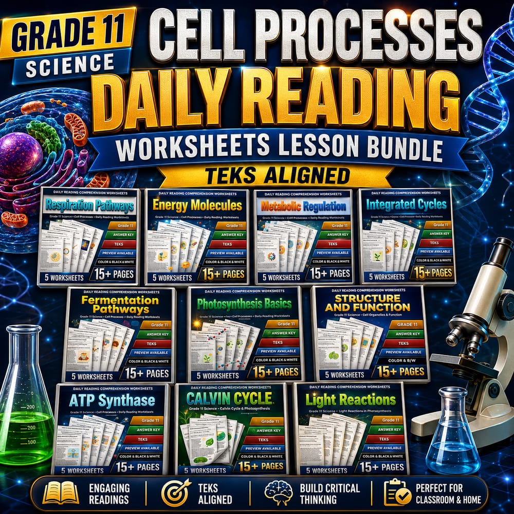 Cell Processes Grade 11 Science Daily Reading Worksheets Lesson Bundle | TEKS — bundle cover