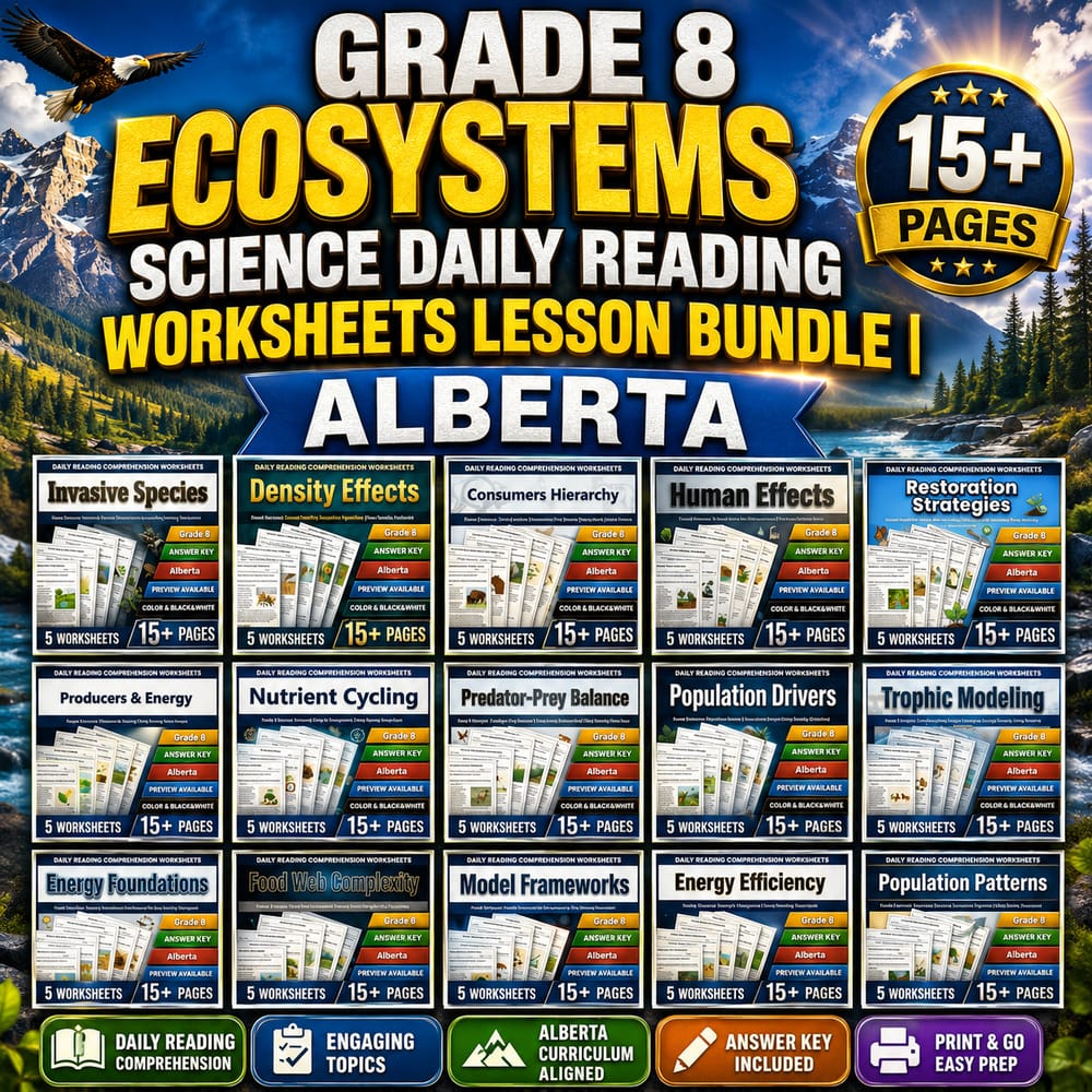 Grade 8 Ecosystems Science Daily Reading Worksheets Lesson Bundle | Alberta — bundle cover