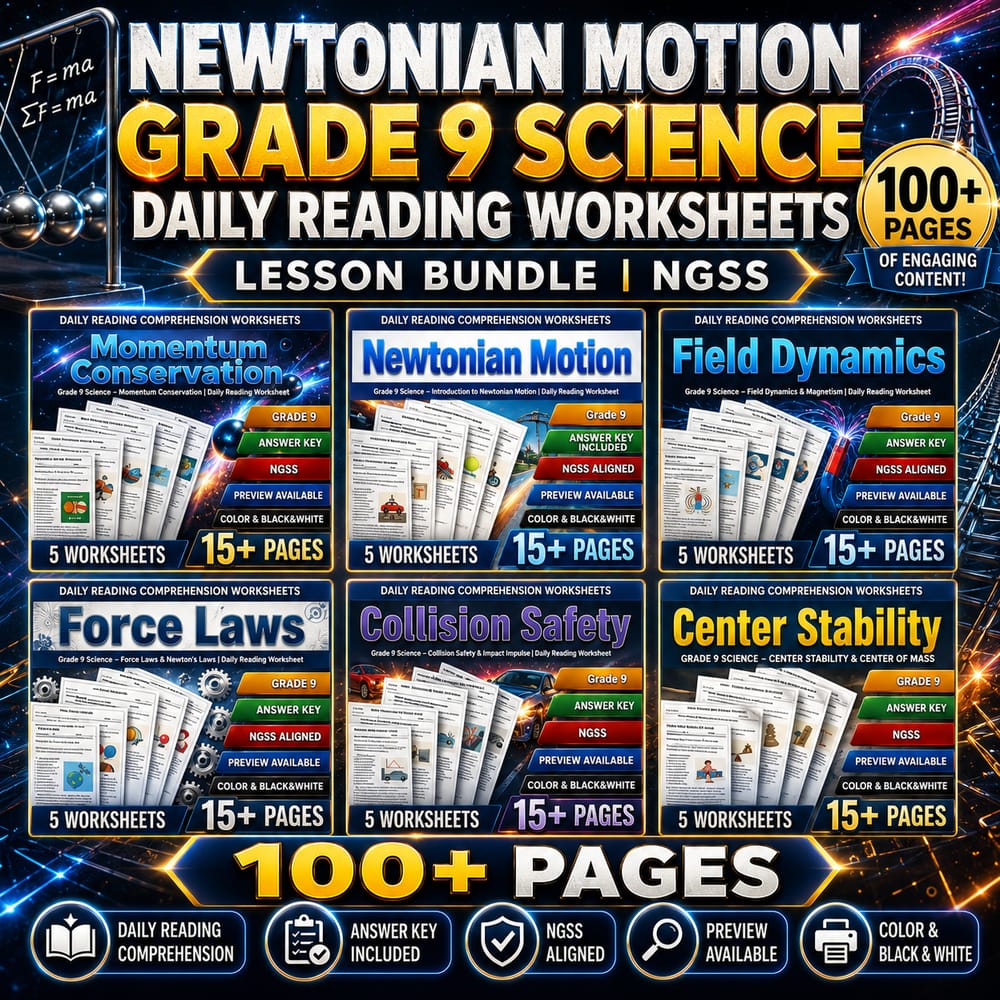 Newtonian Motion Grade 9 Science Daily Reading Worksheets Lesson Bundle | NGSS — bundle cover