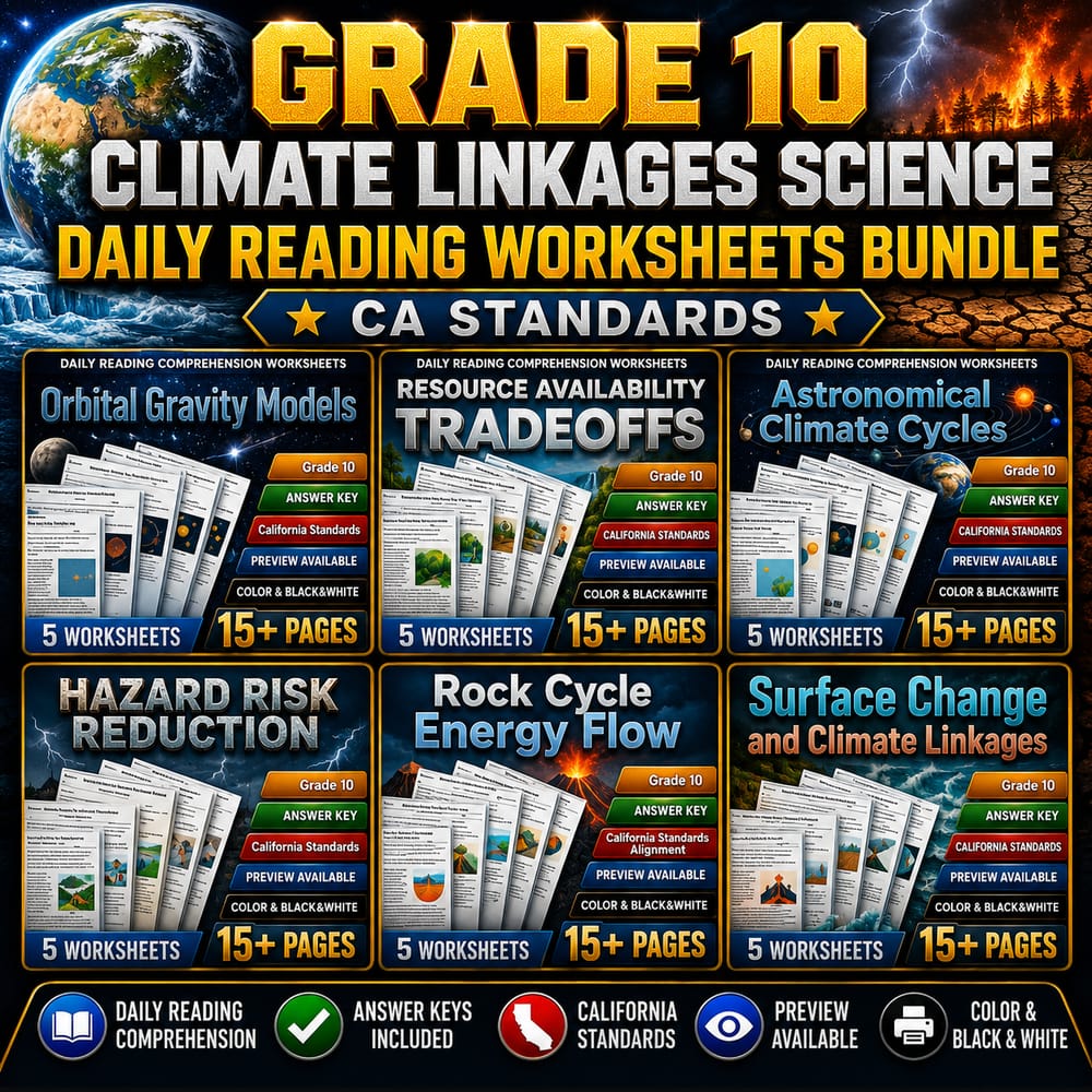 Grade 10 Climate Linkages Science Daily Reading Worksheets Bundle | CA Standards — bundle cover