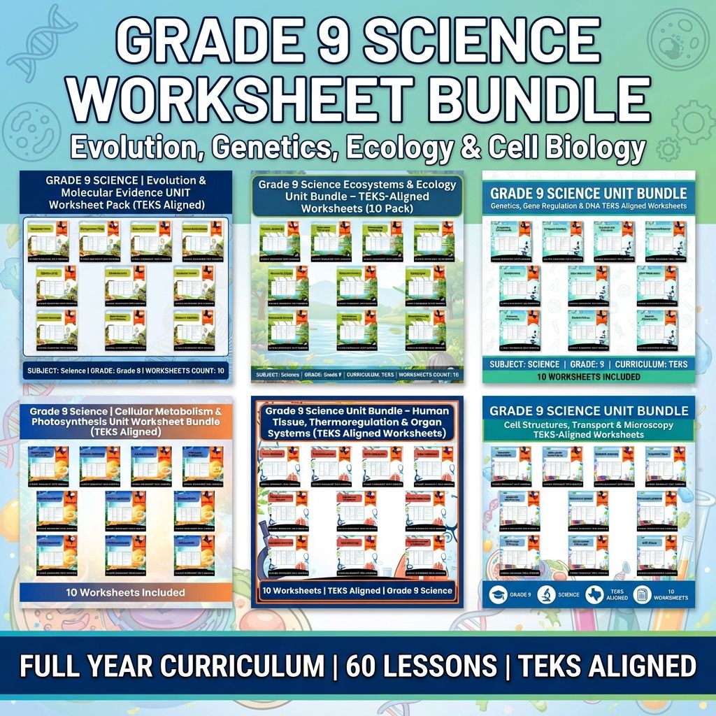 Grade 9 Science | Cell Structures, Genetics & Ecology Worksheets Bundle (TEKS) — bundle cover