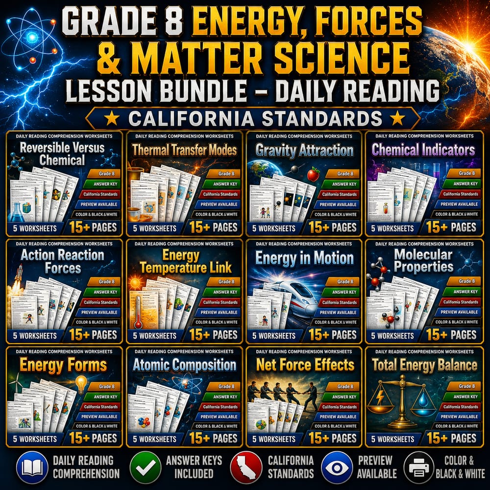 Grade 8 Energy, Forces & Matter Lesson Bundle - Daily Reading | Calif. Std. — bundle cover