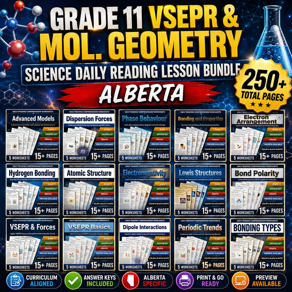 Grade 11 VSEPR & Mol. Geometry Science Daily Reading Lesson Bundle | Alberta — bundle cover