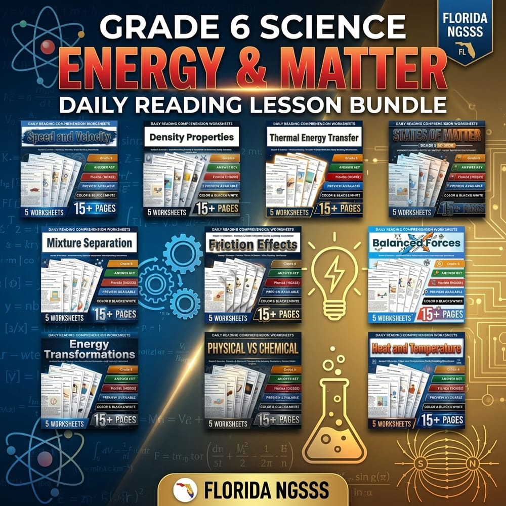 Grade 6 Science Energy & Matter Daily Reading Lesson Bundle | Florida NGSSS — bundle cover