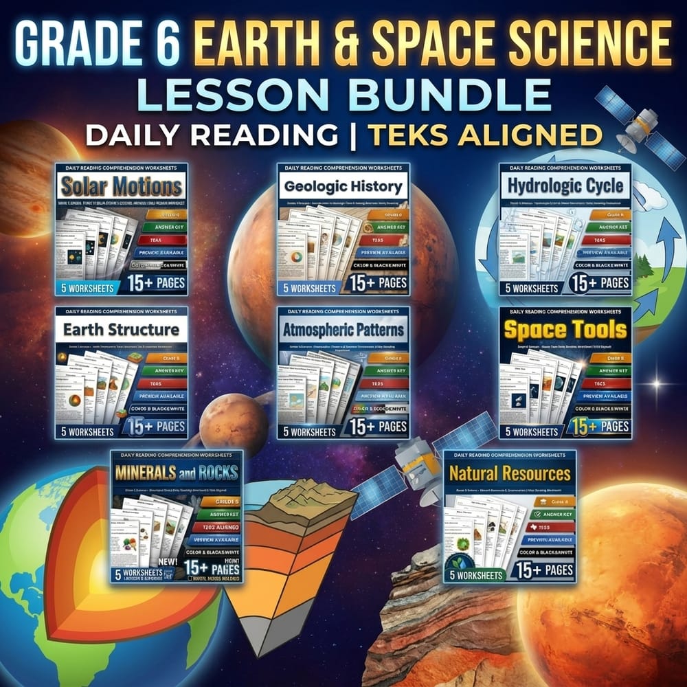 Grade 6 Earth and Space Science Lesson Bundle Daily Reading | TEKS — bundle cover