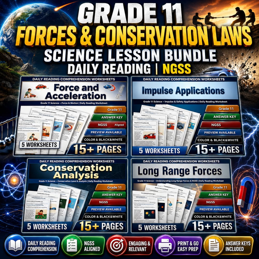 Grade 11 Forces & Conservation Laws Science Lesson Bundle Daily Reading | NGSS — bundle cover