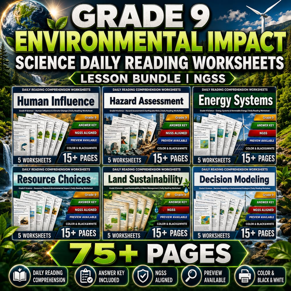 Grade 9 Environmental Impact Science Daily Reading Worksheets Lesson Bundle | NGSS — bundle cover