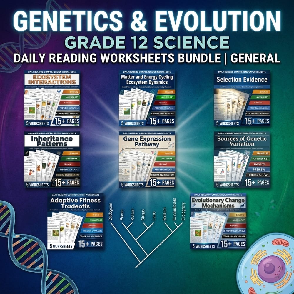Genetics & Evolution Grade 12 Science Daily Reading Worksheets Bundle | General — bundle cover