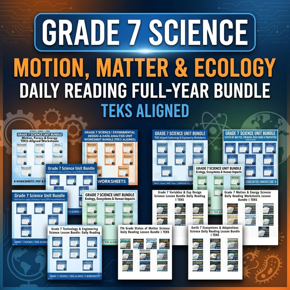 Grade 7 Motion, Matter & Ecology Science Daily Reading Full-Year Bundle TEKS — bundle cover