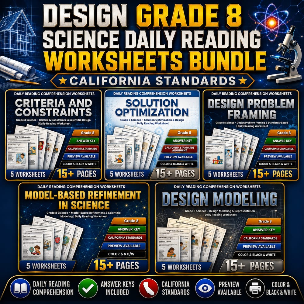 Design Grade 8 Science Daily Reading Worksheets Bundle | CA Standards — bundle cover