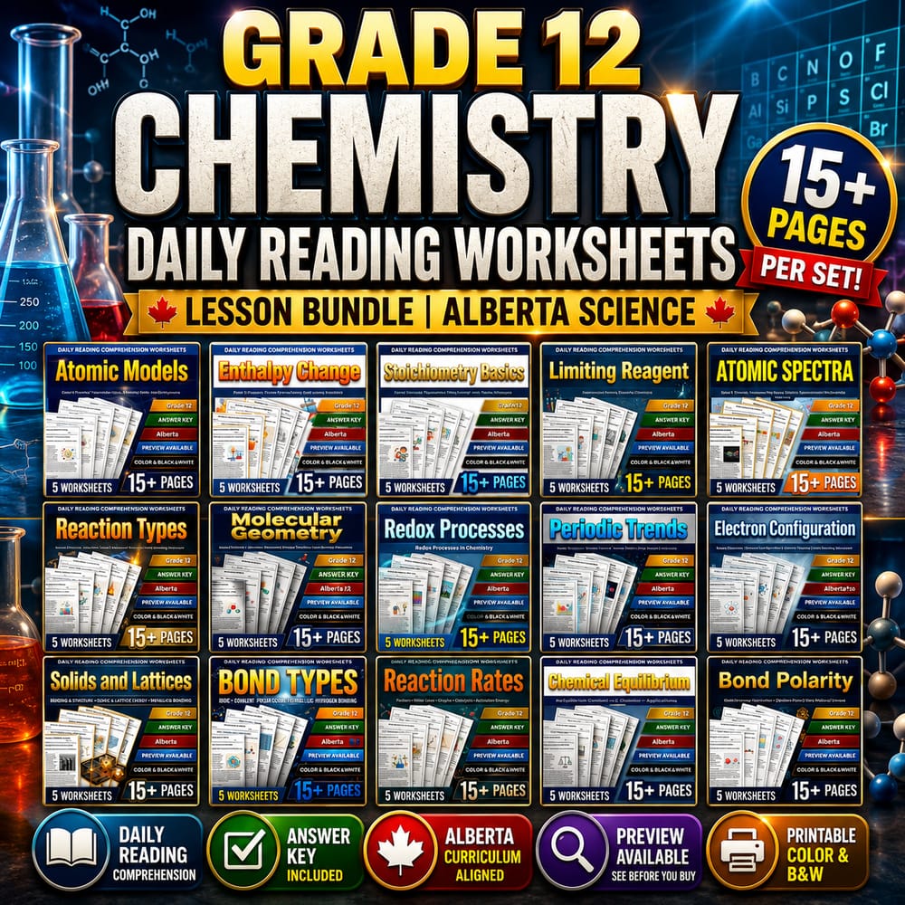 Grade 12 Chemistry Daily Reading Worksheets Lesson Bundle | Alberta Science — bundle cover